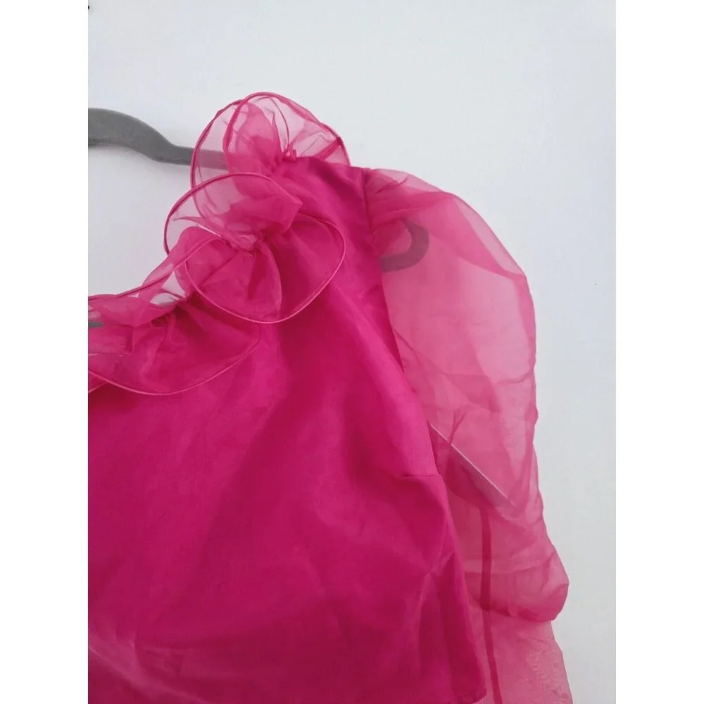 Lovers + Friends Bernice Hot Pink Ruffle Sheer One Shoulder Blouse Crop Top XXS - Picture 4 of 10
